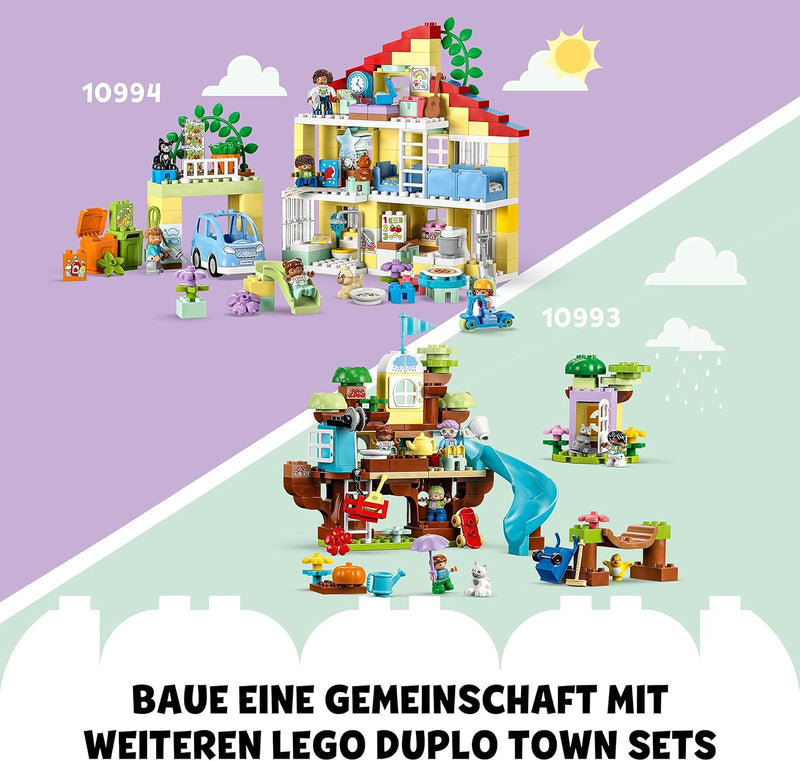 LEGO DUPLO 3-in-1-Familienhaus, Puppenhaus aus Bausteinen mit Push&Go Auto, 5 Figuren, 2 Tieren und