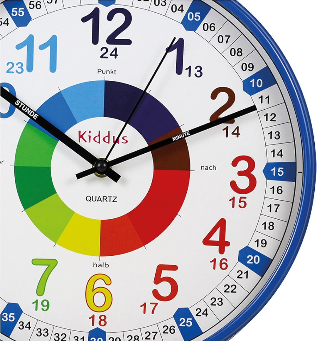 Kiddus Kinder Wanduhr, Jungen und Mädchen, Analoger Lernuhr mit Zeitlernübungen, Kinderwanduhr Ohne