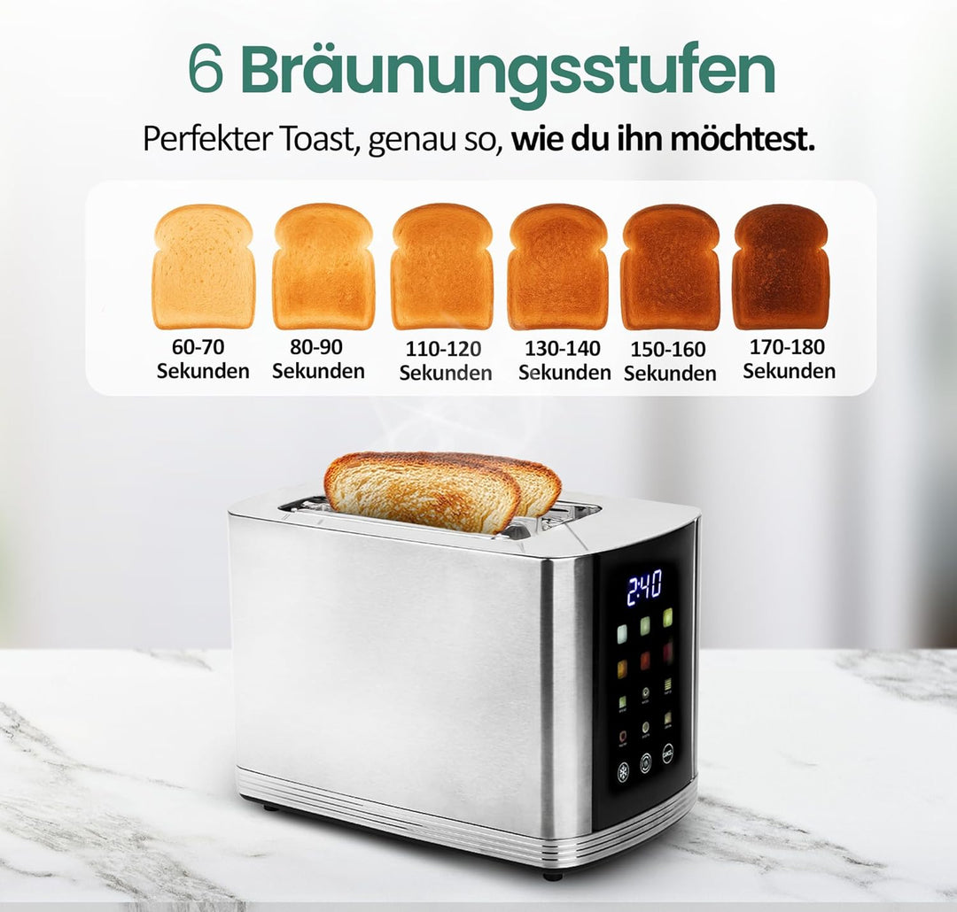 EMERIO Edelstahl Toaster mit grossem FARB Display | Touch | 2 Toastschlitze | Zentrierautomatik | Kr