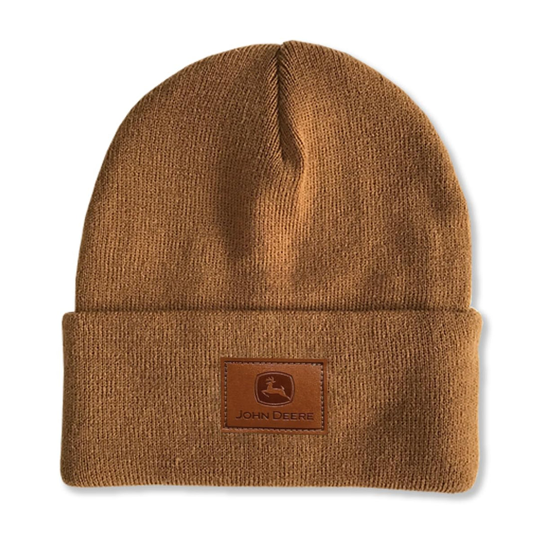 John Deere Wintermütze Beanie Herren Braun mit Lederpatch