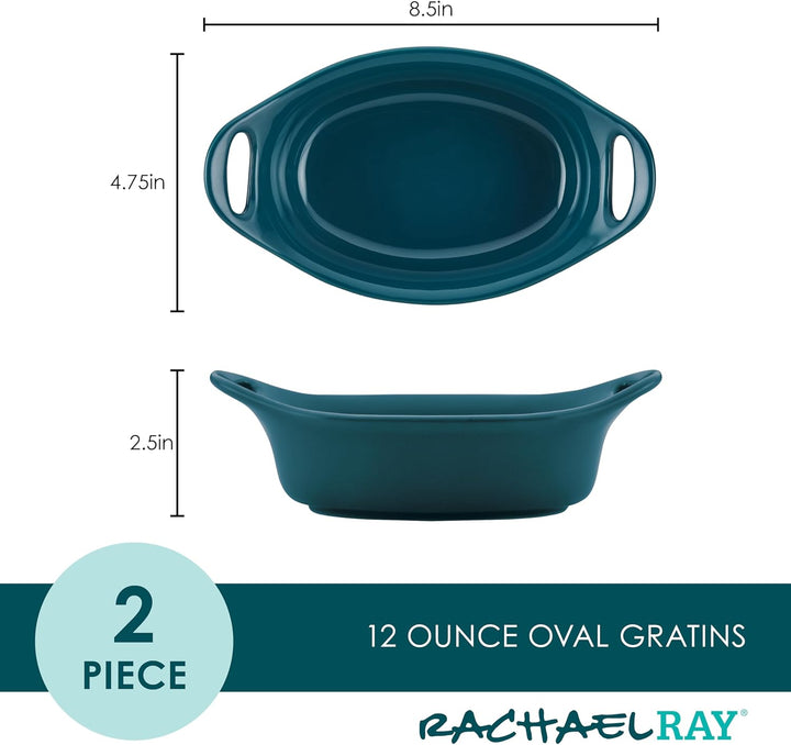Rachael Ray Solid Glaze Ceramics Au Gratin Bakeware/Baker Set, Oval - 2 Piece, Teal 2 Piece Blaugrün