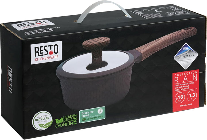 RESTO 93900 Stielkasserolle mit Glasdeckel Ø16cm schwarz 1,3L - stilvoller Topf antihaftbeschichtet,