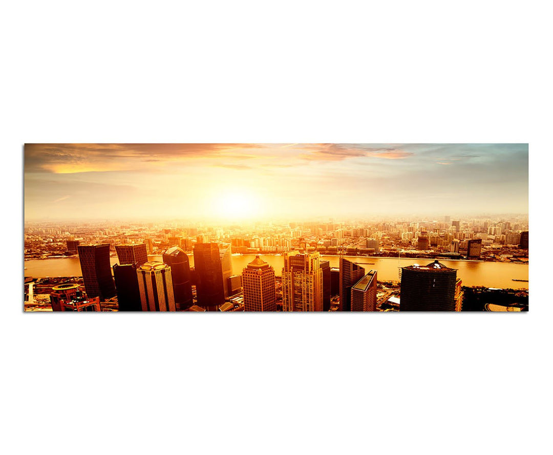 Paul Sinus Art Panoramabild auf Leinwand und Keilrahmen 150x50cm Shanghai Skyline Finanzviertel Dämm