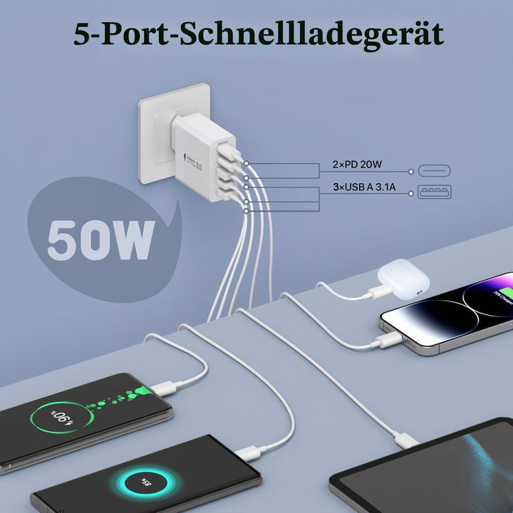 3er Pack USB C Ladegerät 50W, 5 Ports Mehrfach USB Stecker mit【2 USBC+3 USBA】, 50W Netzteil Wand-Lad