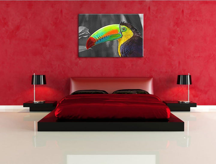 schöner stolzer Tukan schwarz/weiss Deluxe Format: 100x70 cm auf Leinwand, XXL riesige Bilder fertig