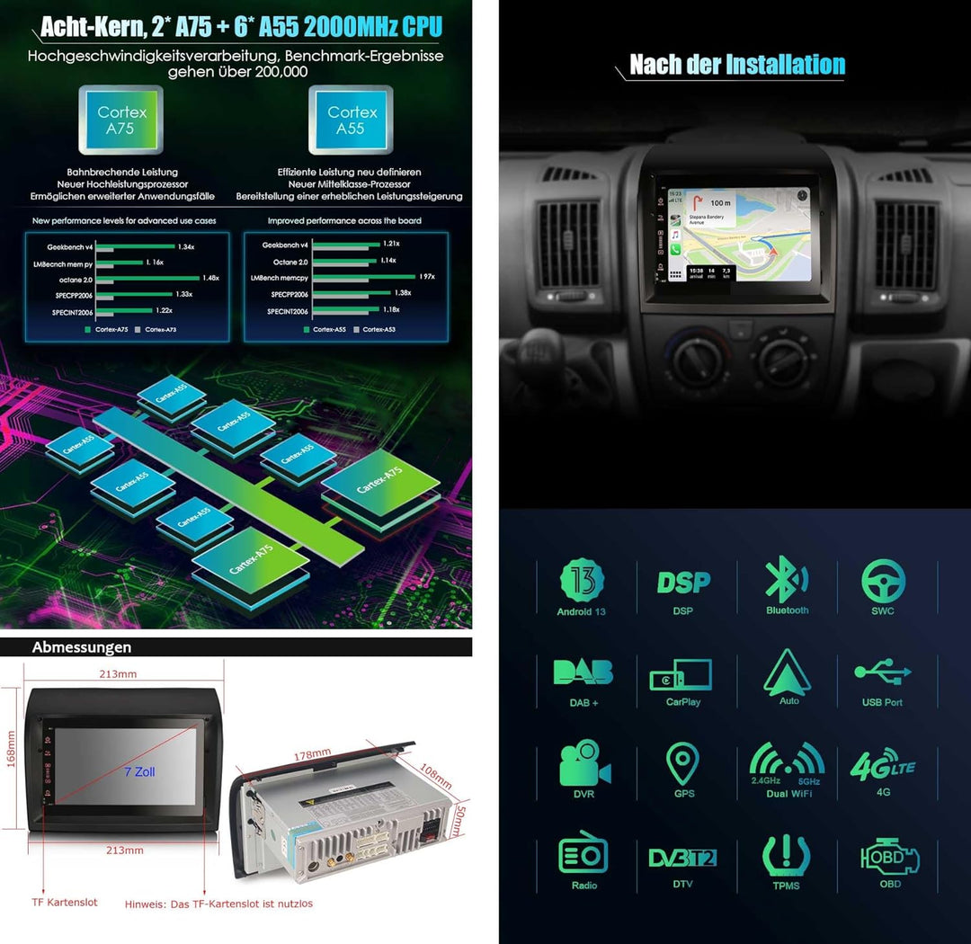 Erisin 8-Kern Android 12 Autoradio Mit GPS Navi für FIAT Ducato Citroen Jumper Peugeot Boxer 7 Zoll