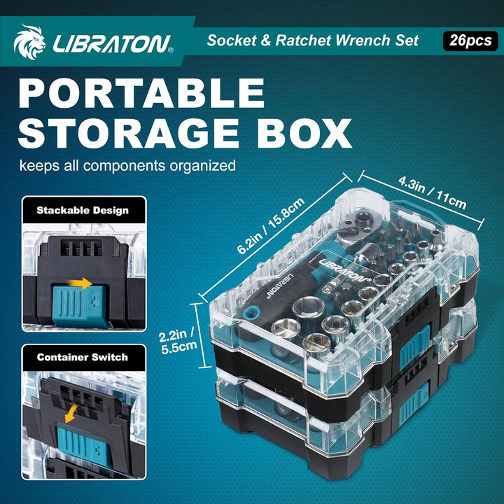 LIBRATON 26-tlg. 1/4 Zoll Ratschenkasten Mini Steckschlüsselsatz mit Bits, 4-14mm Stecknuss, Antrieb