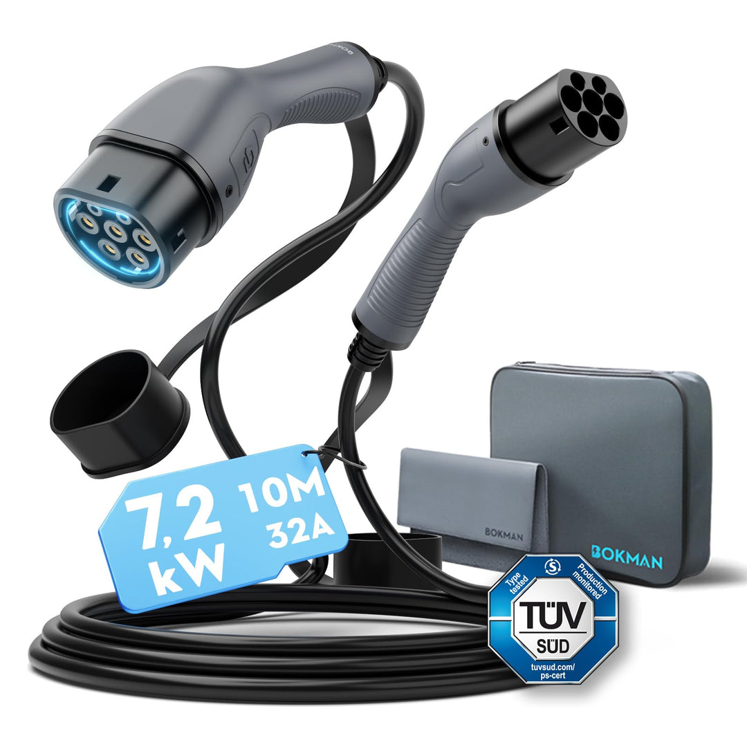 bokman Typ 2 Ladekabel, 7,2 kW / 32A / 1-Phasig / 10 Meter/Modus 3, Typ 2 auf Typ 2 EV Ladekabel für