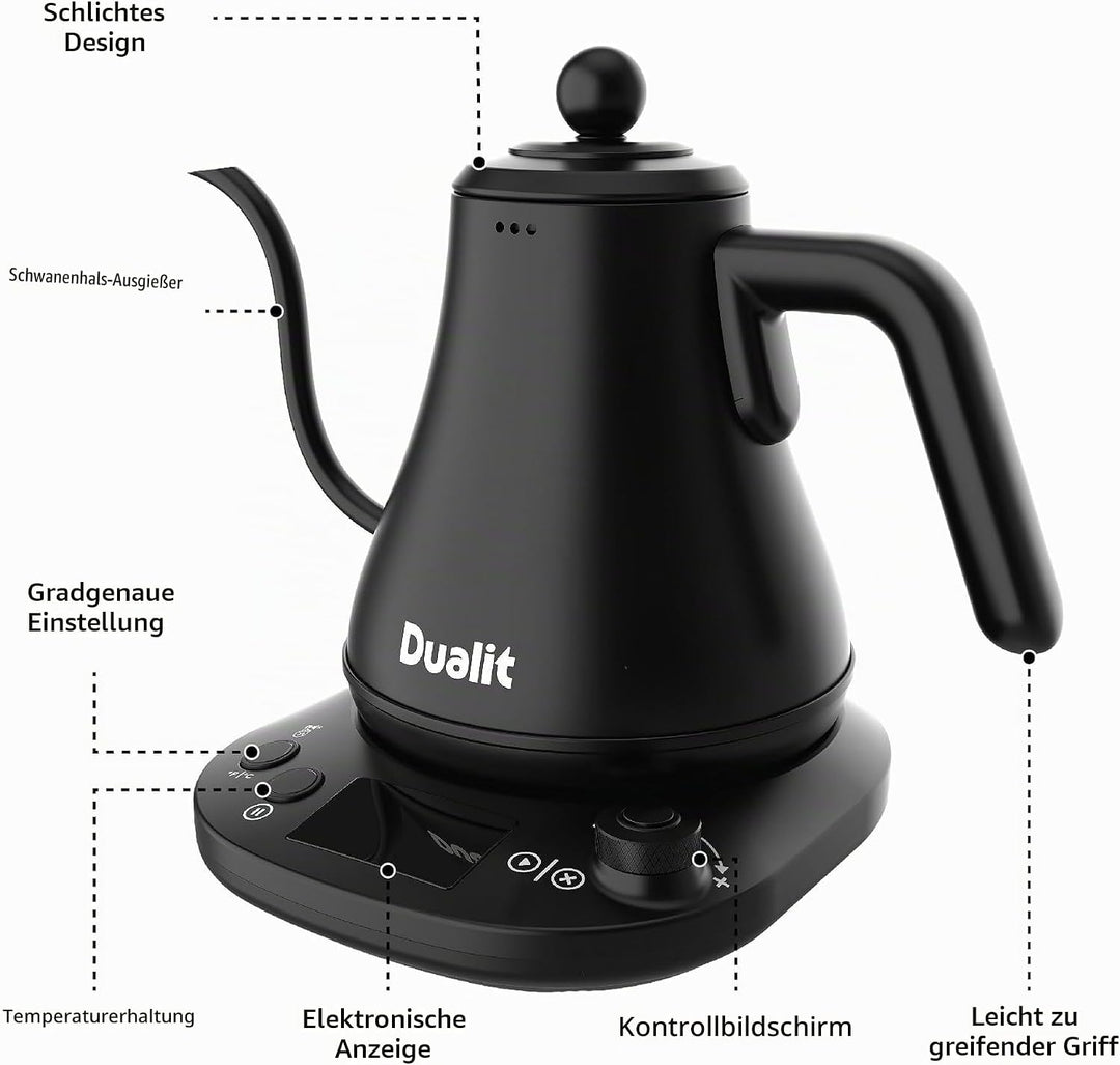 Dualit Wasserkocher Schwanenhals Schnellkochender Electric Kettle (800ml) - Schwarz Matt - Gooseneck