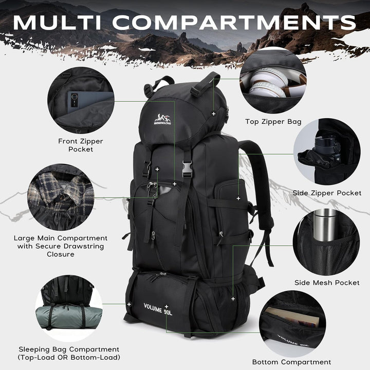 Wanderrucksack Herren Damen 90L Trekkingrucksack Reiserucksack Grosser Wasserdicht Wandern Rucksack