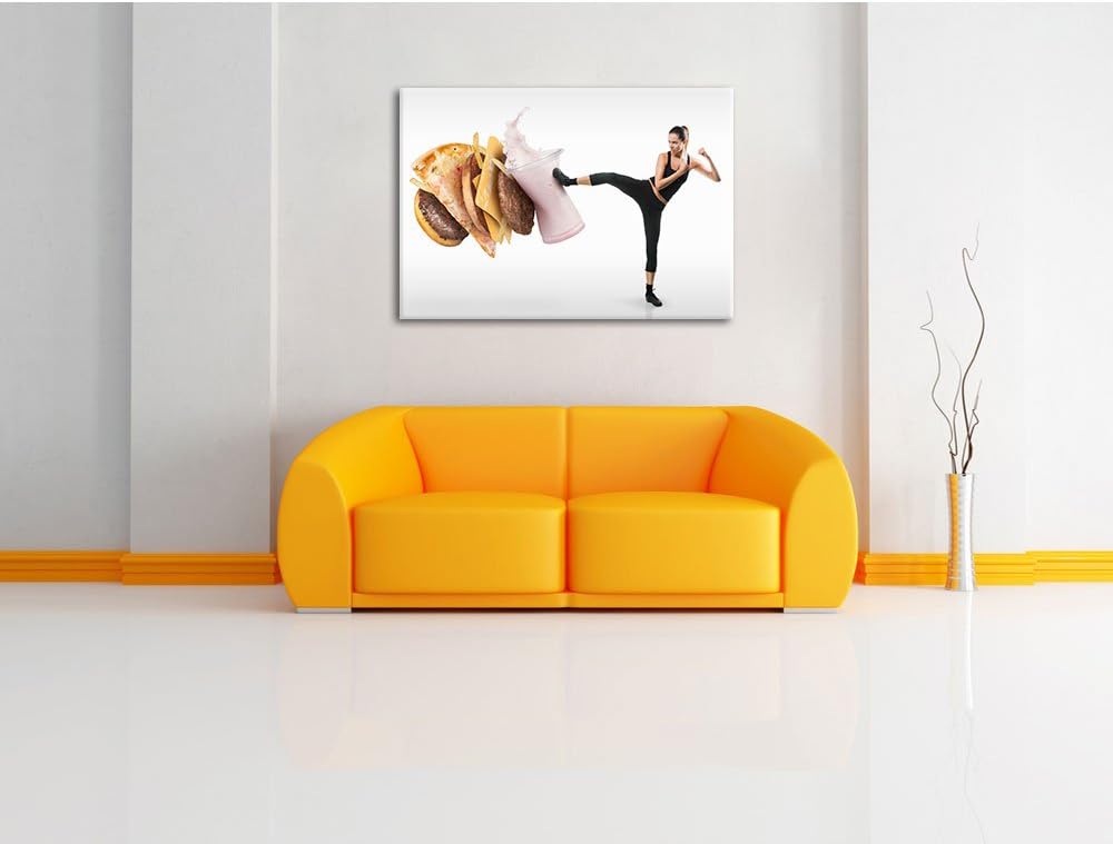 Pixxprint Frau kickt gegen Fastfood als Leinwandbild/Grösse: 100x70 cm/Wandbild/Kunstdruck/fertig be