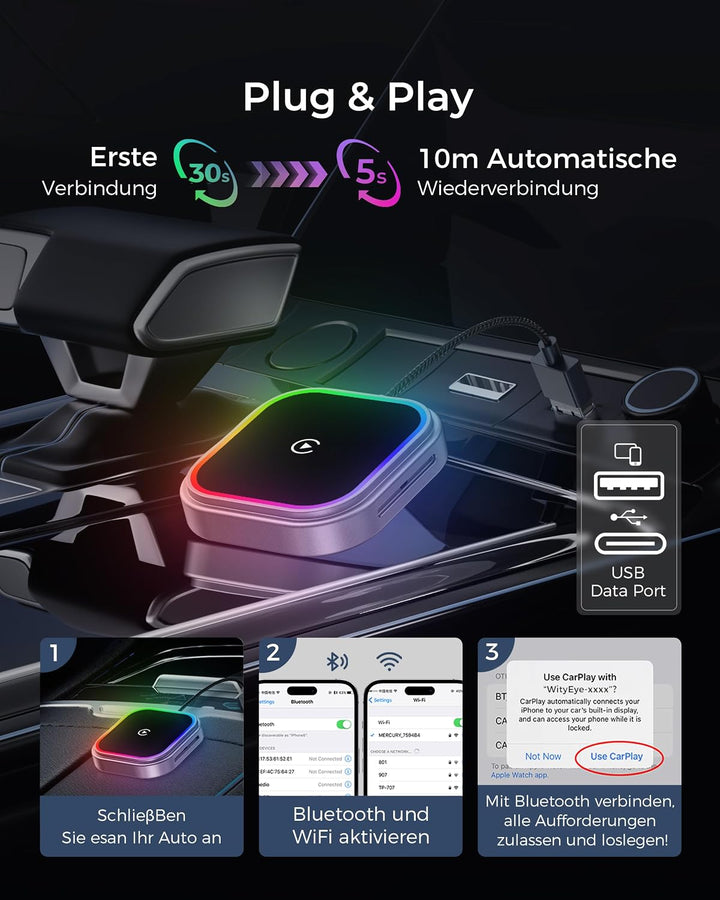 CarPlay und Android Auto Wireless Adapter 2 In 1, V5.3 Bluetooth Stabile Verbindung, Dualband WiFi 6