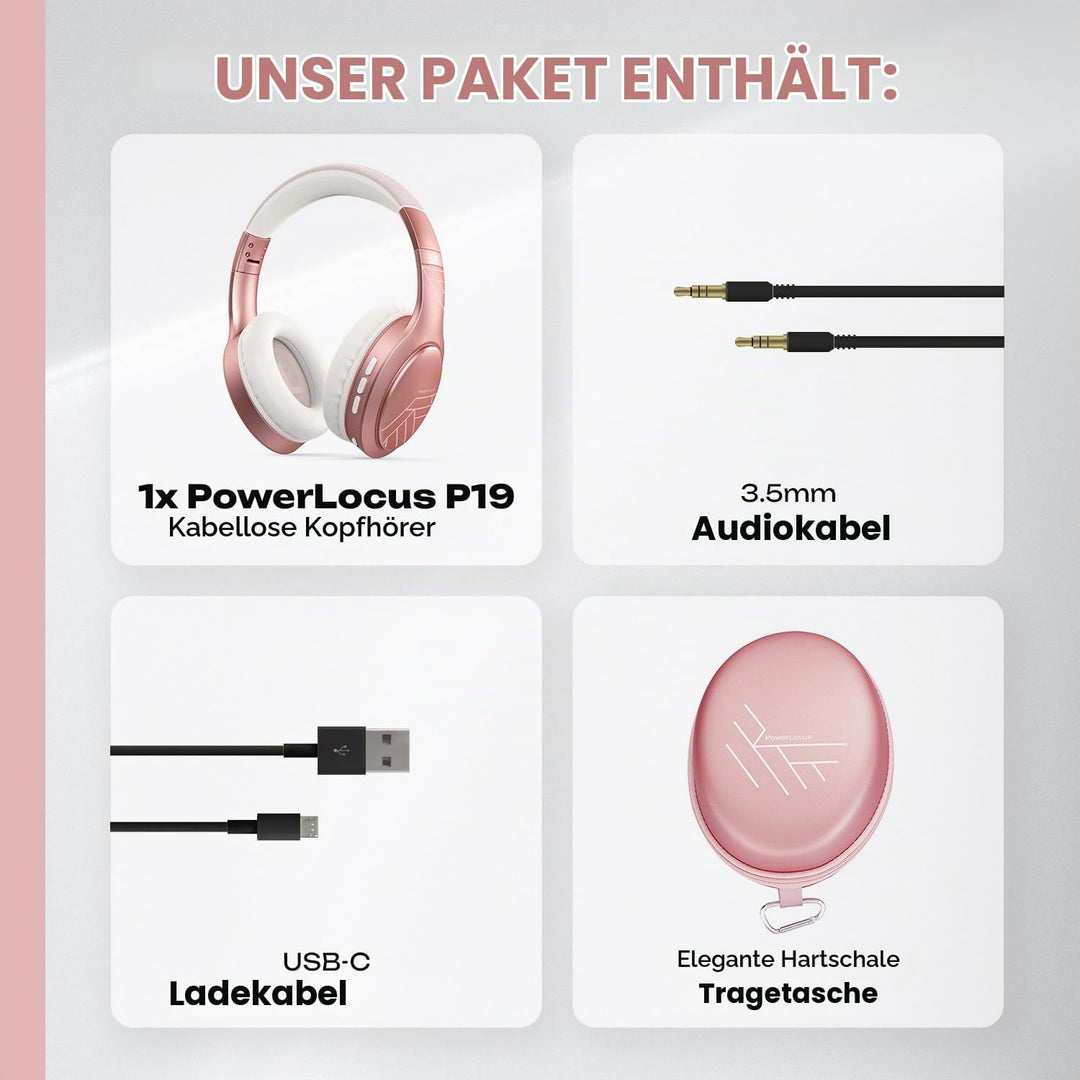 PowerLocus Bluetooth Kopfhörer Over Ear, Kopfhörer Kabellos mit 3-EQ modi, 60std. Spielzeit, Hi-Fi-S