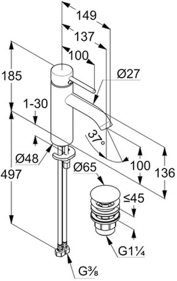 KLUDI BOZZ Waschtischarmatur (382880576) inkl. Push-Open Ablaufgarnitur, Einhandmischer 100 mm, Wass