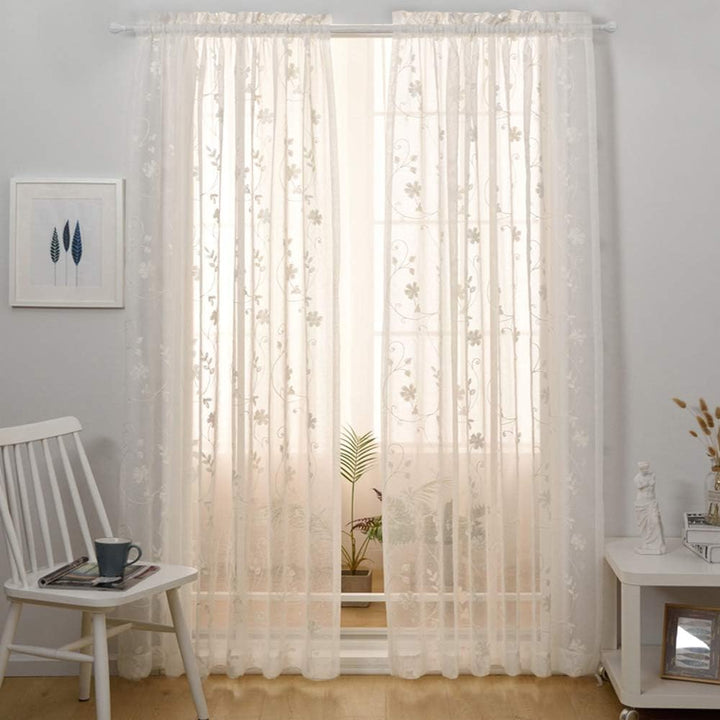 Transparente Vorhänge Mit Blumenstickerei, 114 cm Länge, Stangentasche, Voile für Wohnzimmer, Schlaf