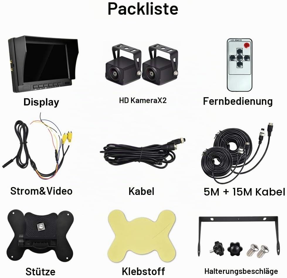 CAMECHO Rückfahrvideosystem mit Dual Rückfahrkamera,7 Zoll Monitor 2 Split-Bildschirm,Wasserdicht Na
