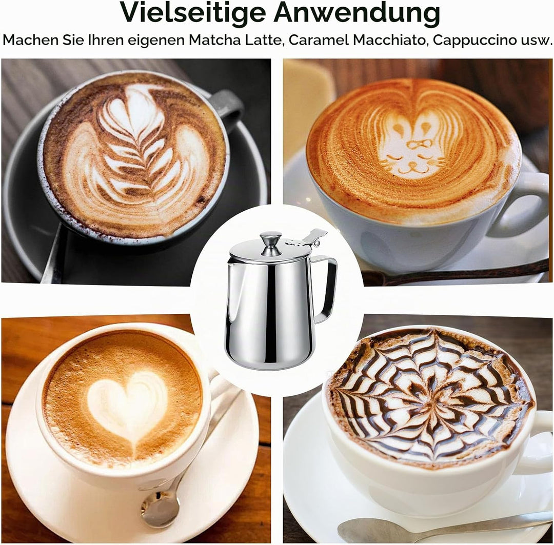 Milchkännchen mit Deckel, 600 ml/1000 ml, Milchaufschäumkännchen, Edelstahl Kanne mit Deckel, Milcha