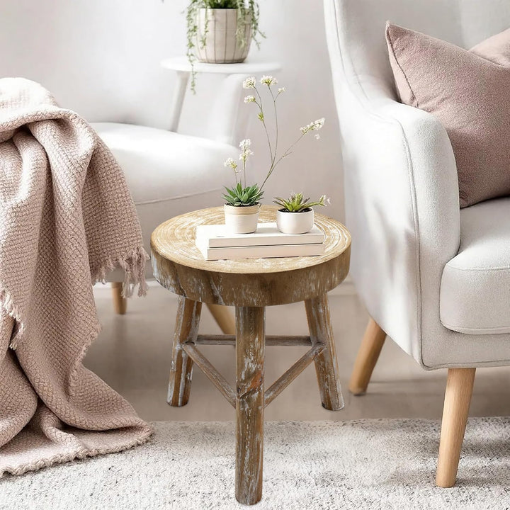 Spetebo Holz Blumenhocker mit 3 Beinen White Washed - Ø 35 cm - Massivholz Deko Hocker rund Shabby C