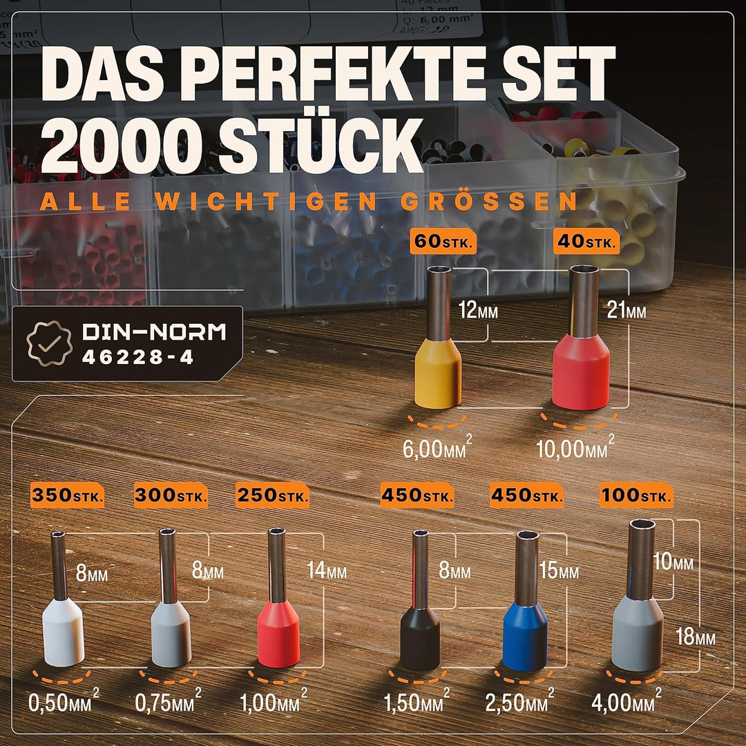 BAURIX ® 2000 Stück Aderendhülsen Sortiment I Isolierte Hülsen nach DIN 46228-4: 2020-03 I 0,5 mm² -