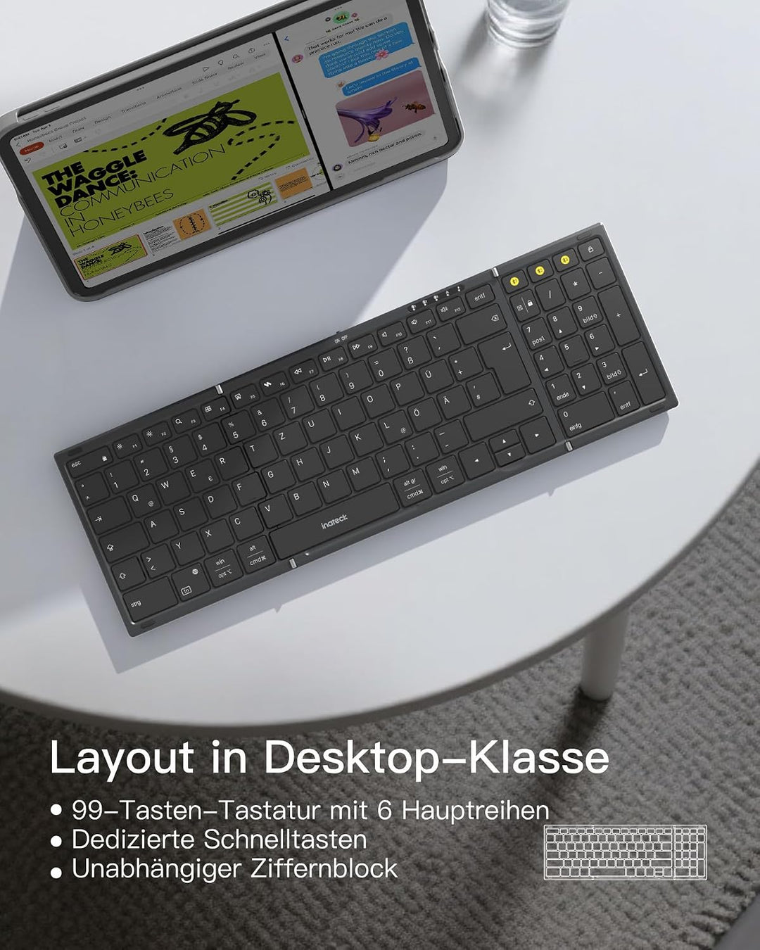 Inateck tragbare Bluetooth-Falttastatur, Tastatur Maus Set | 3 Bluetooth-Kanäle, Ziffernblock, tragb