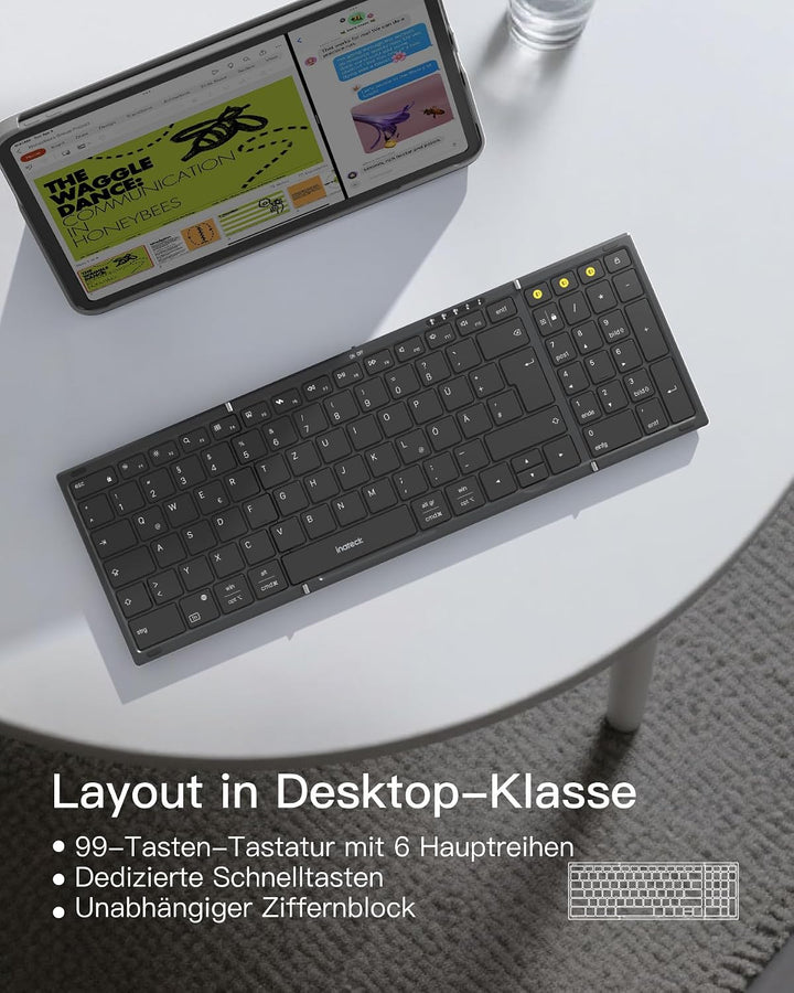 Inateck tragbare Bluetooth-Falttastatur, Tastatur Maus Set | 3 Bluetooth-Kanäle, Ziffernblock, tragb