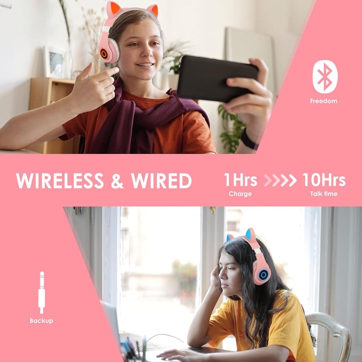Sendowtek Bluetooth Kopfhörer für Kinder Mädchen Over Ear Niedlich Katzenohren LED Licht Kabellos Ko