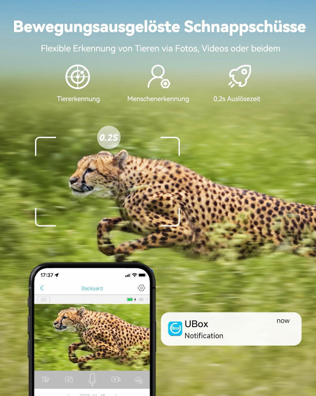 4G LTE Wildkamera mit SIM Karte, 2K Solar Wildtierkamera mit Handyübertragung APP Farbnachtsicht 12X