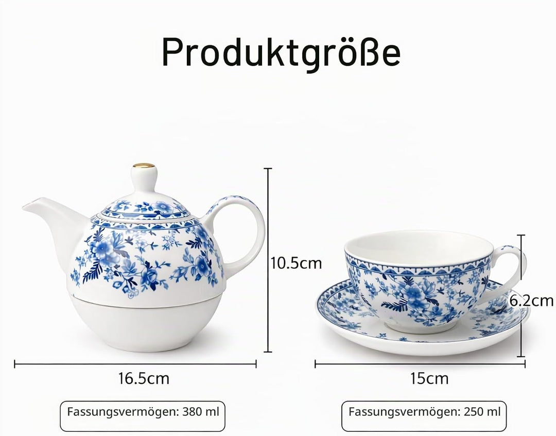 Porcelain Tea for One Set Beautiful Flower Ceramic Teapot with Cup Gifted Box (Blue and White), Blue