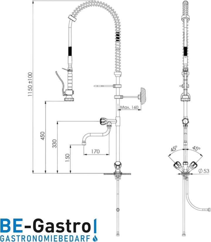 BE-GASTRO I Profi Gastro Geschirrbrause Einloch "Premium" Drehgriff inkl. Wasserhahn, Mischbatterie
