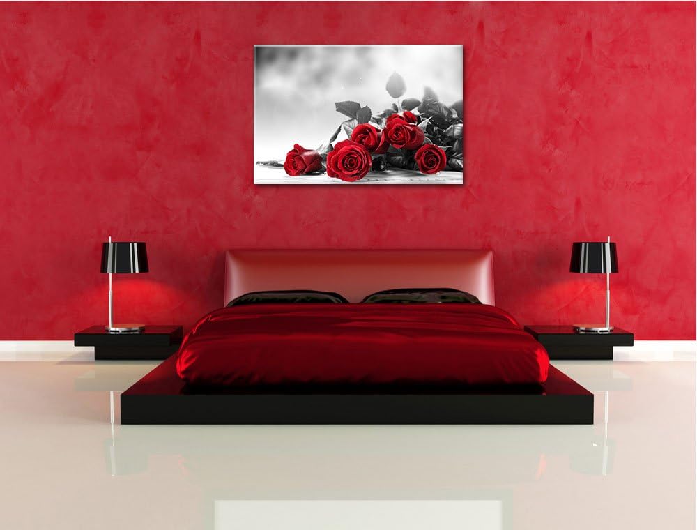 schöner Rosenstrauss auf Tisch schwarz/weiss Format: 100x70 auf Leinwand, XXL riesige Bilder fertig