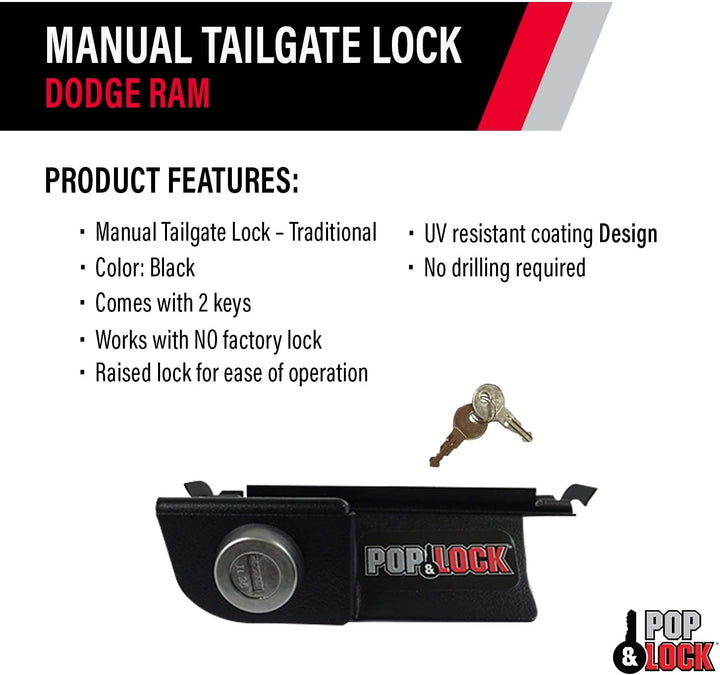 POP & LOCK Manuelles Heckklappenschloss für Dodge Ram 1500, 2500 und 3500, passend für 2002 bis 2008