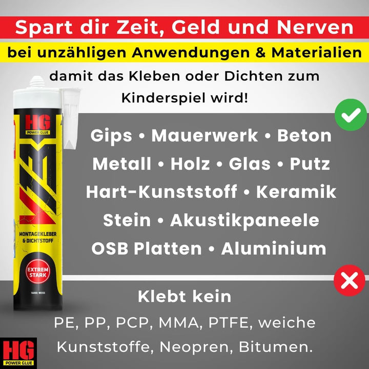 HG POWER GLUE V13 Ultra Hochleistungs-Montagekleber und Dichtstoff extra stark, Kraftkleber für auss