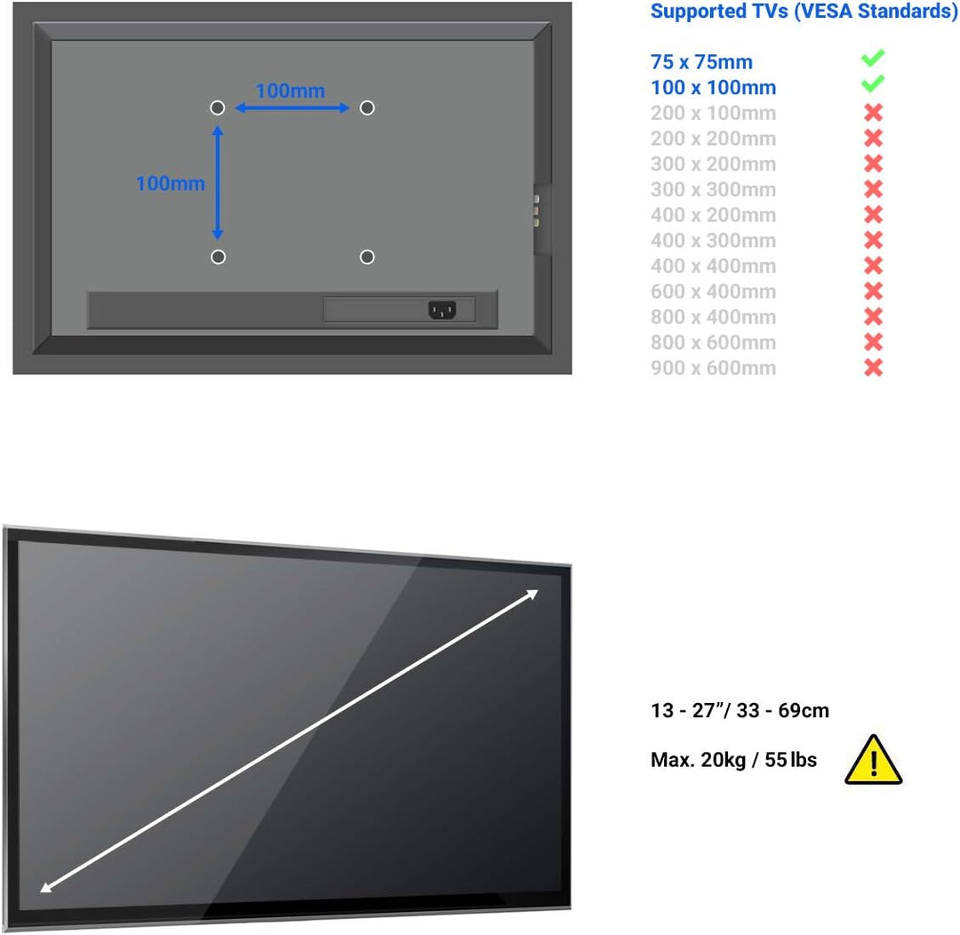 deleyCON Universal TV &amp; Monitor Wandhalterung 13"-27" Zoll (33-69cm) - bis 20Kg &amp; VESA 75x75 / 100x1