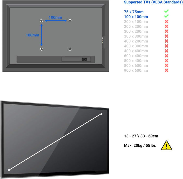 deleyCON Universal TV &amp; Monitor Wandhalterung 13"-27" Zoll (33-69cm) - bis 20Kg &amp; VESA 75x75 / 100x1