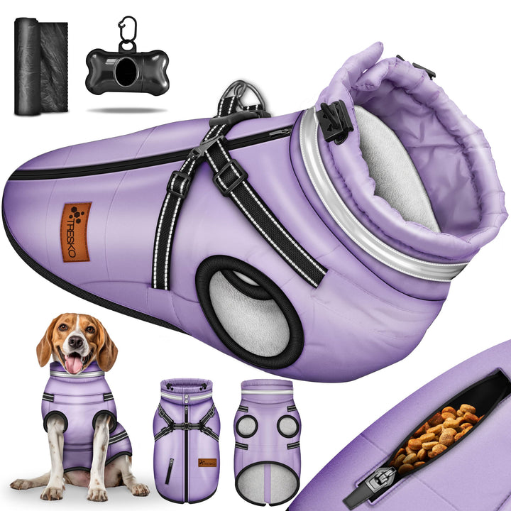 TRESKO® Hundejacke Winter mit Reflektoren inkl. 15 Stück Kotbeutel + Spender | Hunderegenmantel wass