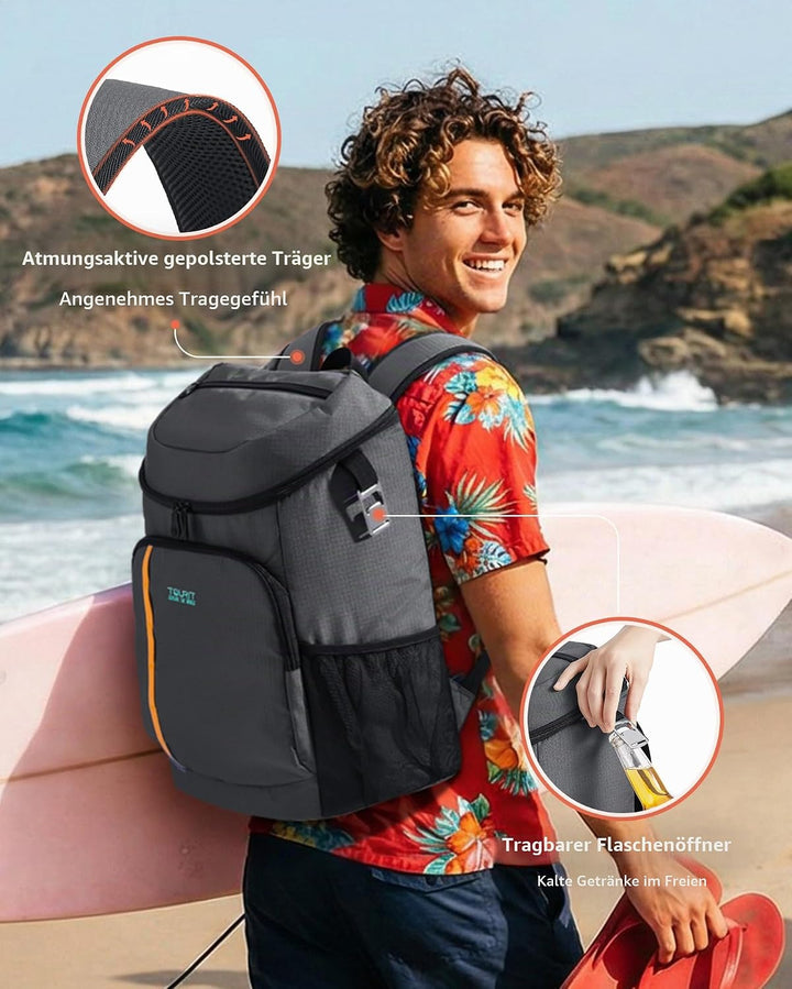 TOURIT Kühlrucksack Leichter Rucksack 28L mit Flaschenöffner Hält 30 Dosen Batik Schwarz, Batik Schw