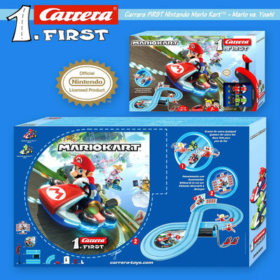 Carrera First Mario Kart Rennbahn-Set | Mario vs. Yoshi | 2 Fahrzeuge inklusive | Kreisel für extra