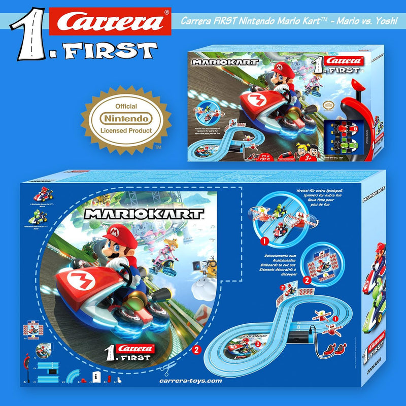 Carrera First Mario Kart Rennbahn-Set | Mario vs. Yoshi | 2 Fahrzeuge inklusive | Kreisel für extra