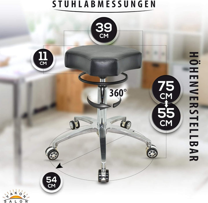 Design ergonomischer Rollhocker auf hochwertigen Rollen Schwarz - Höhenverstellbarer von 55 bis 75 c