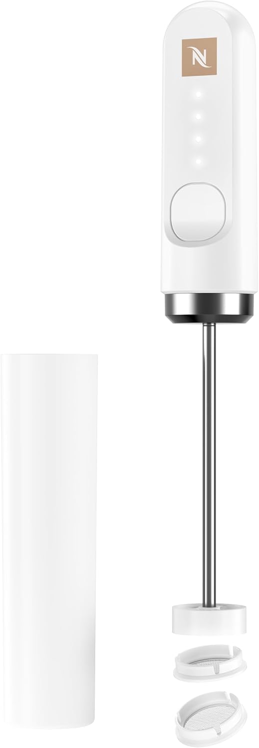 NESPRESSO NanoFoamer Stab-Milchaufschäumer Weiss | Wiederaufladbarer Stabmixer aus Edelstahl, USB‑C