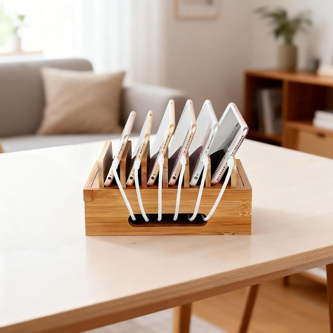 Holz Ladestation für Mehrere Geräte Ladestations Organizer 6 Fächer Handy-Dock Tragbare Dockingstati