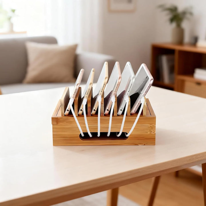 Holz Ladestation für Mehrere Geräte Ladestations Organizer 6 Fächer Handy-Dock Tragbare Dockingstati