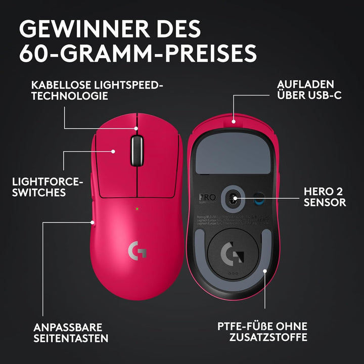 Logitech G PRO X Superlight 2 Lightspeed Kabellose Gaming-Maus, Lightweight, LIGHTFORCE Hybrid-Schal