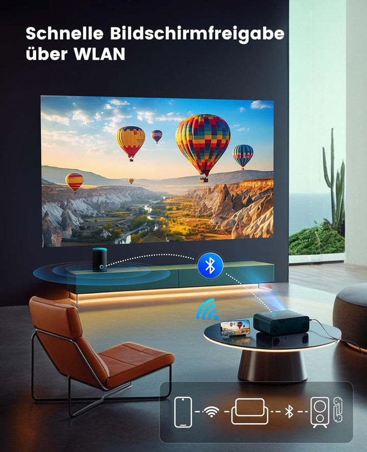 【Autofokus & Trapezkorrektur】 Beamer, Full HD 1080P 9800 Lumen Beamer WiFi6 Bluetooth Beamer, 4P/4D