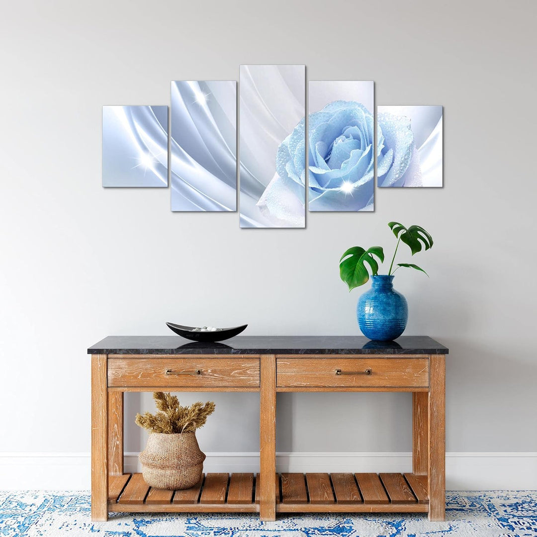 Runa Art Wandbilder Blumen Rose 5 Teilig Bild auf Vlies Leinwand Deko Wohnzimmer Vintage Blau Grau 2