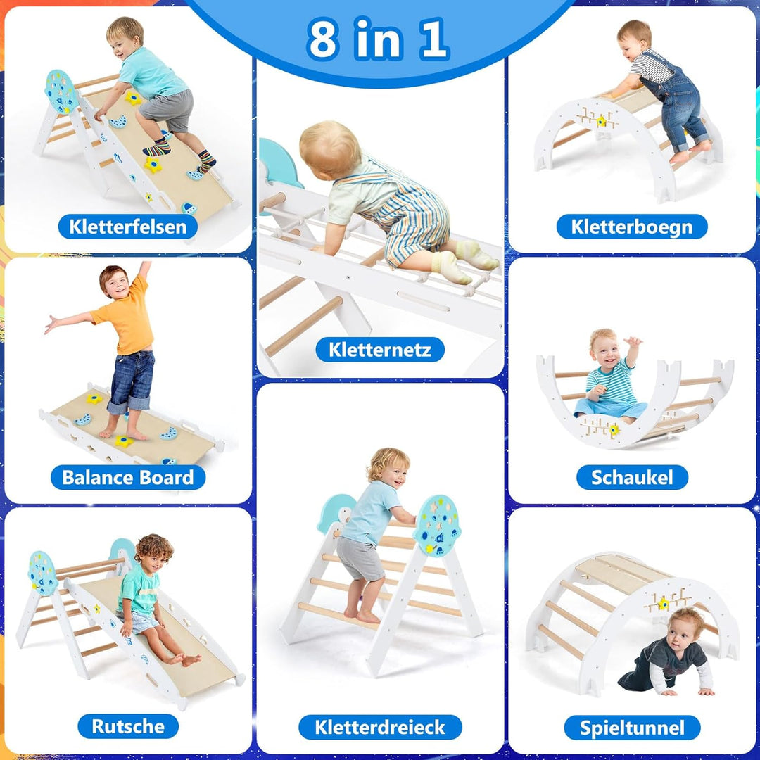 COSTWAY Klettergerüst Indoor 4er Set, klappabres Kletterdreieck mit Rutsche, Kletterbogen, Netz, ink
