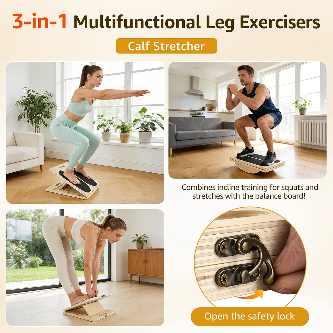 3-in-1 Gleichgewichtstrainer Balanceboards Klappbares Slant Board, Wadendehner Schrägbrett aus Holz