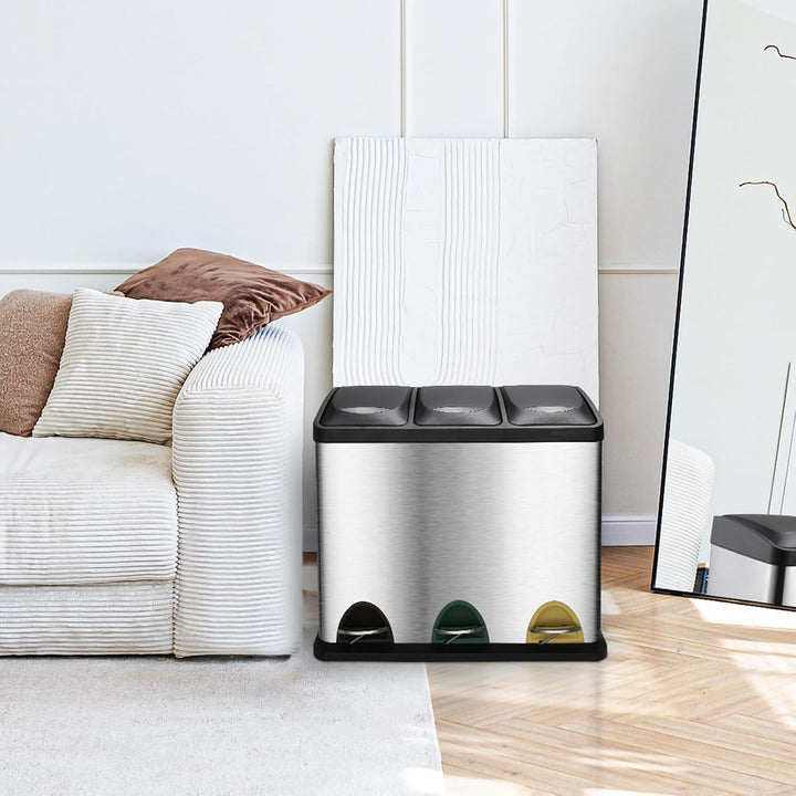 LIFERUN Mülleimer 3 Fächer, 3x 8L Mülltrennsystem, 24 Liter Abfalleimer Küche, Kleiner Treteimer aus