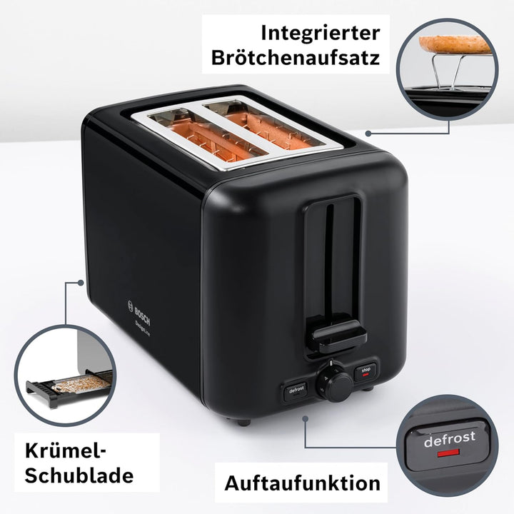 Bosch Kompakt Toaster DesignLine TAT3P423DE, integrierter Edelstahl-Brötchenaufsatz, mit Abschaltaut