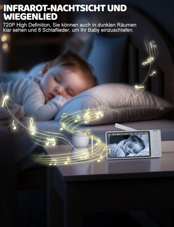 BURNNOVE Babyphone mit Kamera ohne WLAN, 5 Zoll IPS 720P Video Babyphone, Baby Monitor mit Nachtsich